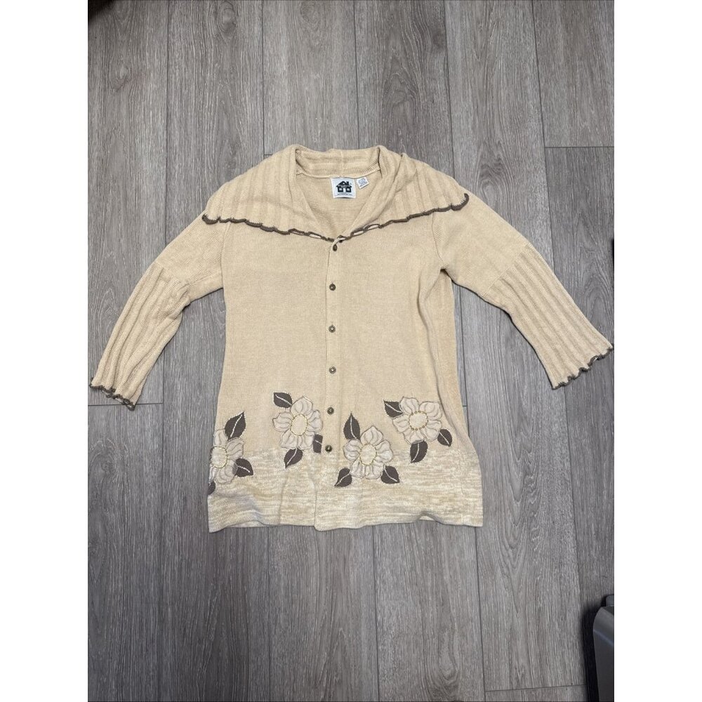 Storybook Knits Neutral Cardigan Cottagecore Long Sweater Floral Fril Collar XL